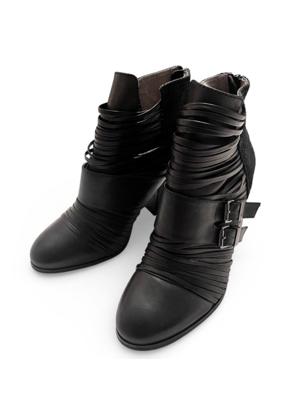 Grey City Black Leather Suede Heeled Strappy Ankle Boot Almond Block 10